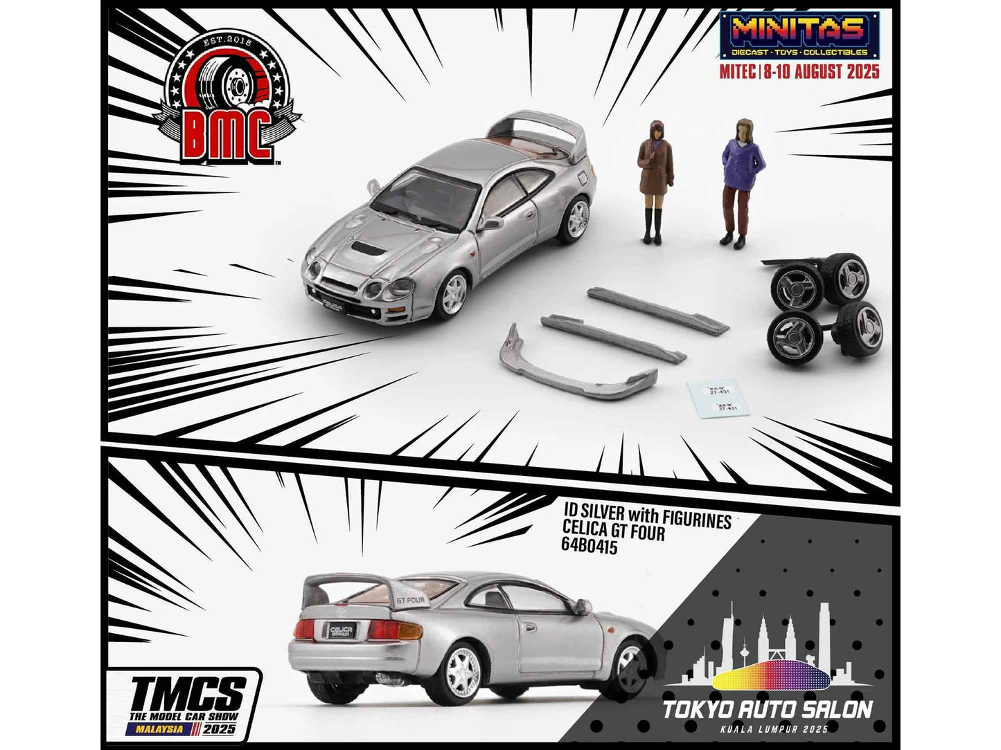 Toyota Celica GT-Four RHD (Right Hand Drive) ID Silver Metallic with 2 Figures and Accessories 1/64 Diecast Model Car by BM Creations Miniature Motors Default Title Default Title-
