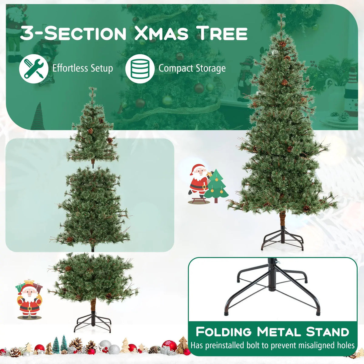 6/7/8 Feet Artificial Christmas Tree Pre-lit Hinged Xmas Tree with Warm White LED Lights and Pine Cones