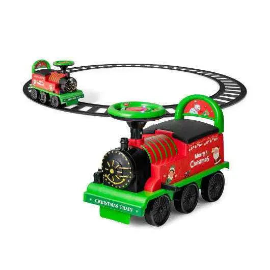 Green and red electric kids ride-on train toy with oval track set and controller pads