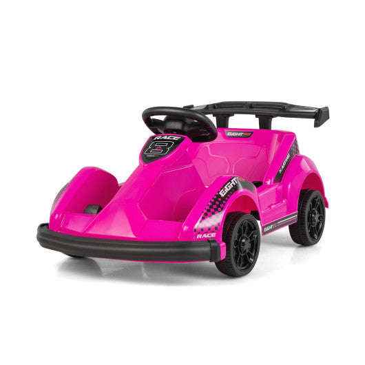 Pink kids ride-on go kart with black wheels and steering wheel, side view
