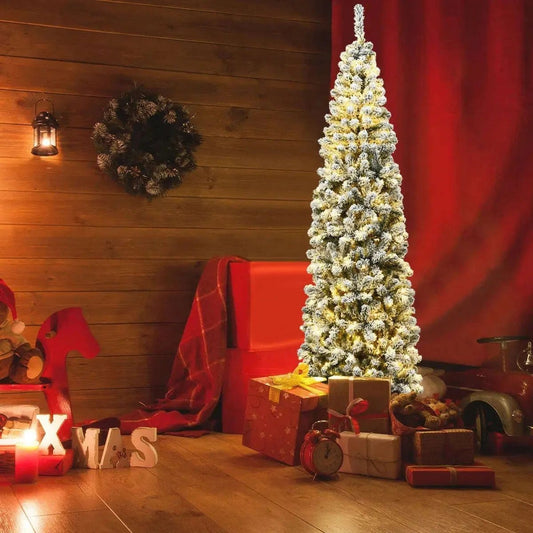 7.5 Feet Pre-lit Snow Flocked Artificial Pencil Christmas Tree with LED Lights Cartsfy Inc.