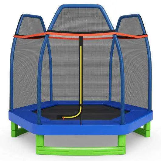 Kids recreational bounce jumper trampoline with blue frame and gray mesh sides