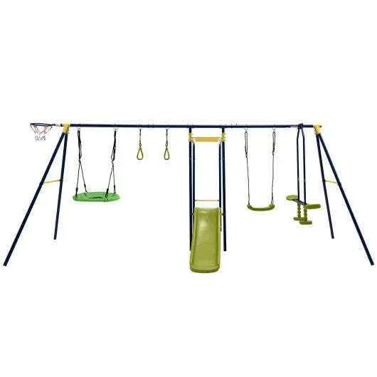 Outdoor A-frame swing set with multiple green seats and hanging swings, dark blue frame
