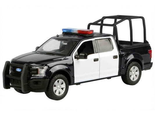 1:24 diecast black and white pickup model with roof light bar and bed cage