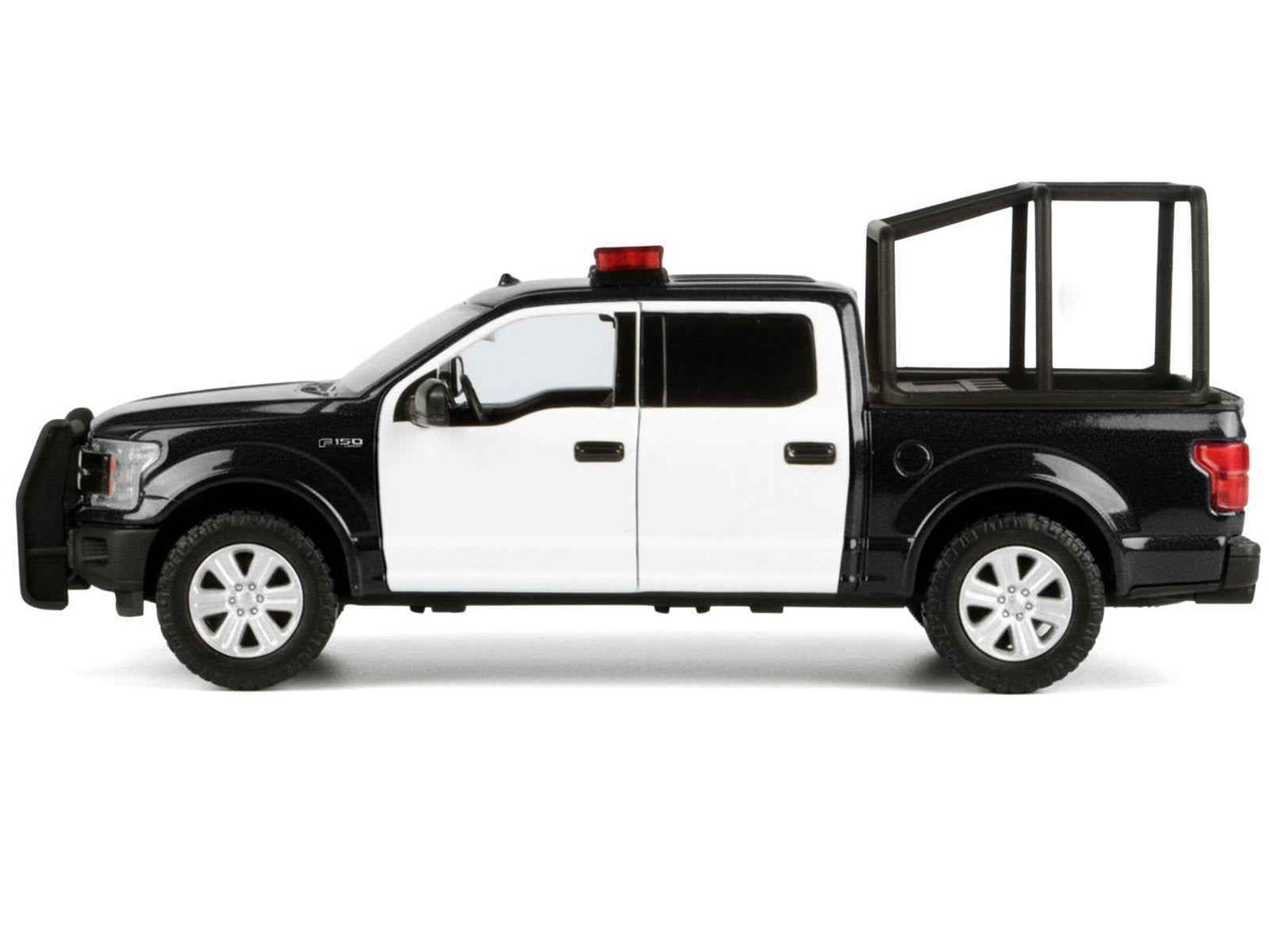 2019 Ford F-150 Lariat Crew Cab Pickup Truck with Bed Cage Black and White with Flashing Light Bar and Front and Rear Lights and Sounds 1/27 Diecast Model Car by Motormax Miniature Motors Default Title Default Title-