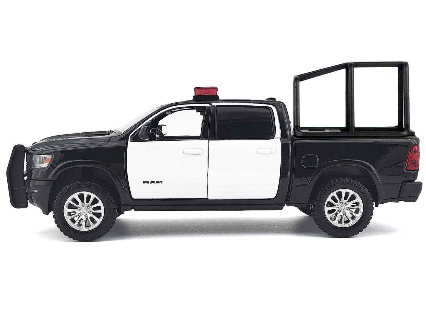 2019 RAM 1500 Laramie Crew Cab Pickup Truck with Bed Cage Black and White with Flashing Light Bar and Front and Rear Lights and Sounds 1/27 Diecast Model Car by Motormax Miniature Motors Default Title Default Title-