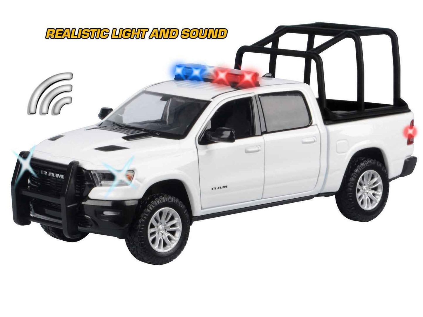 2019 RAM 1500 Laramie Crew Cab Pickup Truck with Bed Cage White with Flashing Light Bar and Front and Rear Lights and Sounds 1/27 Diecast Model Car by Motormax Miniature Motors Default Title Default Title-