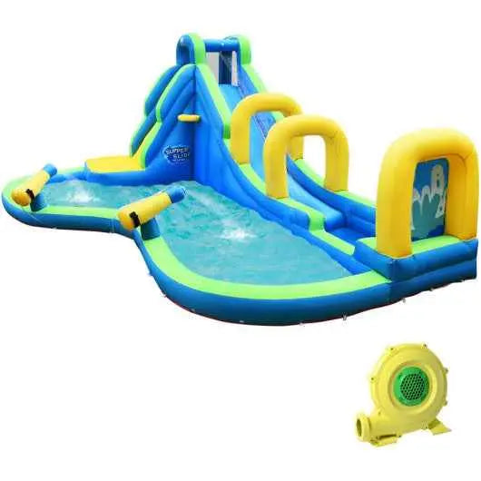 Inflatable water bounce slide with blue and yellow splash pool and built-in blower