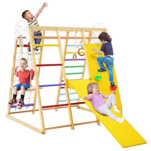 Wooden jungle gym playset with slide, monkey bars, and multicolor panels