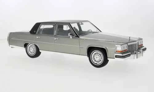 Grey 1982 Cadillac Fleetwood Brougham die-cast model car in side view