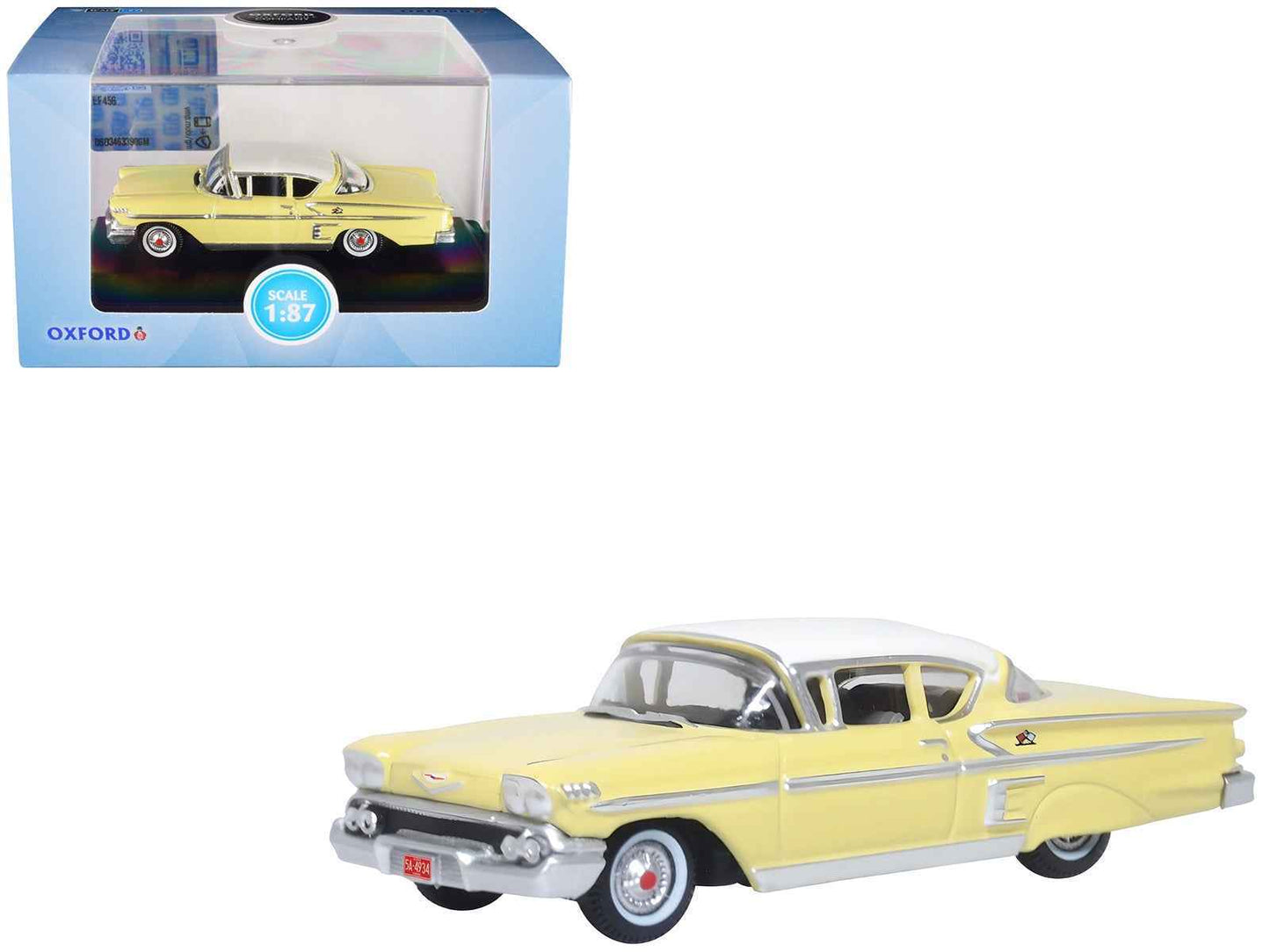 1958 Chevrolet Impala Sport Colonial Cream with Snowcrest White Top 1/87 (HO) Scale Diecast Model Car by Oxford Diecast Miniature Motors Default Title Default Title-