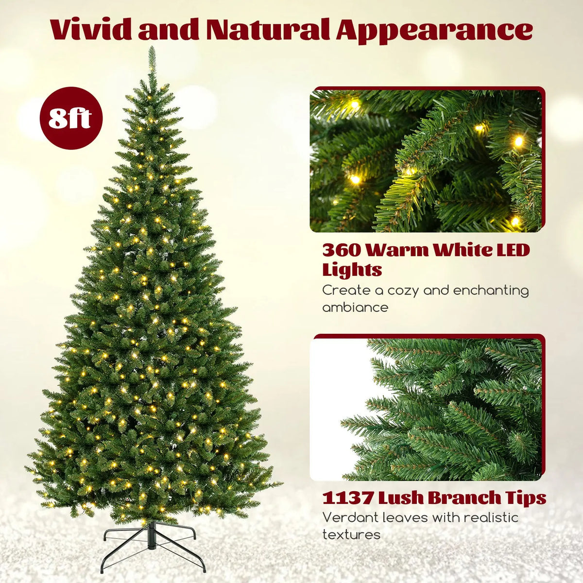8 FT Corner Artificial Christmas Tree with 1137 Branch Tips and 360 Warm White LED Lights