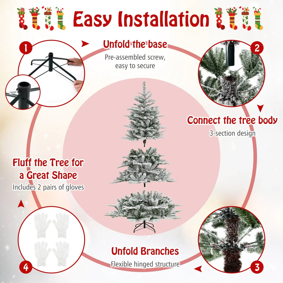6 Feet Snow Flocked Artificial Christmas Tree with Cool White LED Lights