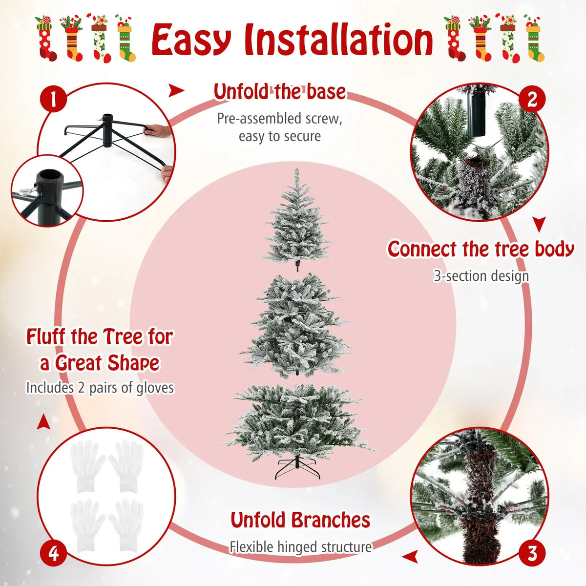 8 Feet Snow Flocked Artificial Christmas Tree with Cool White LED Lights