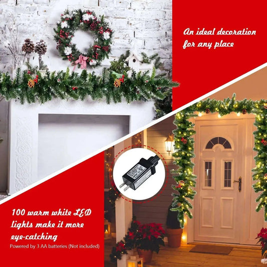 9 Feet Pre-lit Artificial Christmas Garland Red Berries with LED Cartsfy Inc.