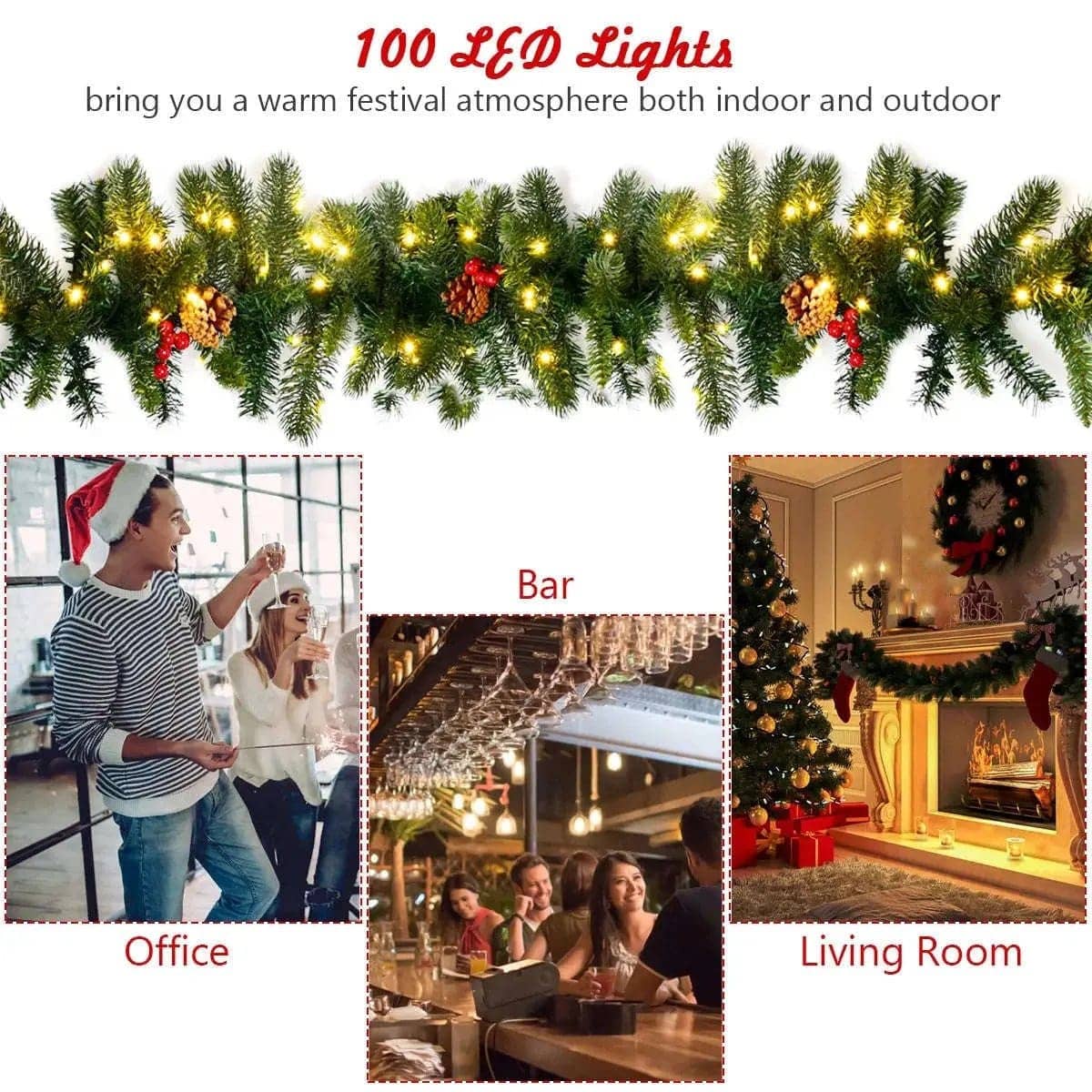 9 Feet Pre-lit Artificial Christmas Garland Red Berries with LED Cartsfy Inc.