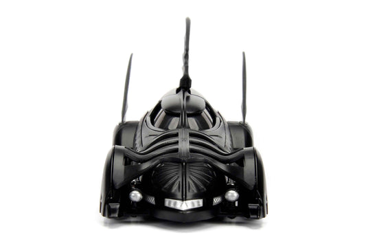 Black Batmobile 1/32 diecast model car, front view with bat-like grille and headlights