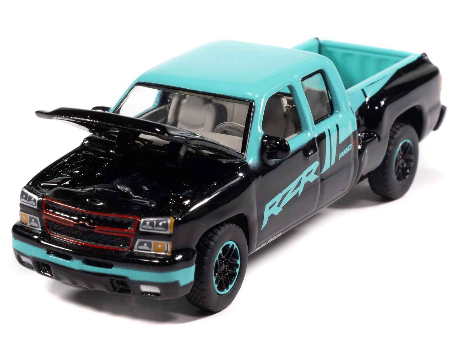 2006 Chevrolet Silverado Pickup Truck "Polaris RZR" Black and Blue "Big Country Collectibles" 2025 Series 1/64 Diecast Model Car by Auto World Miniature Motors Default Title Default Title-