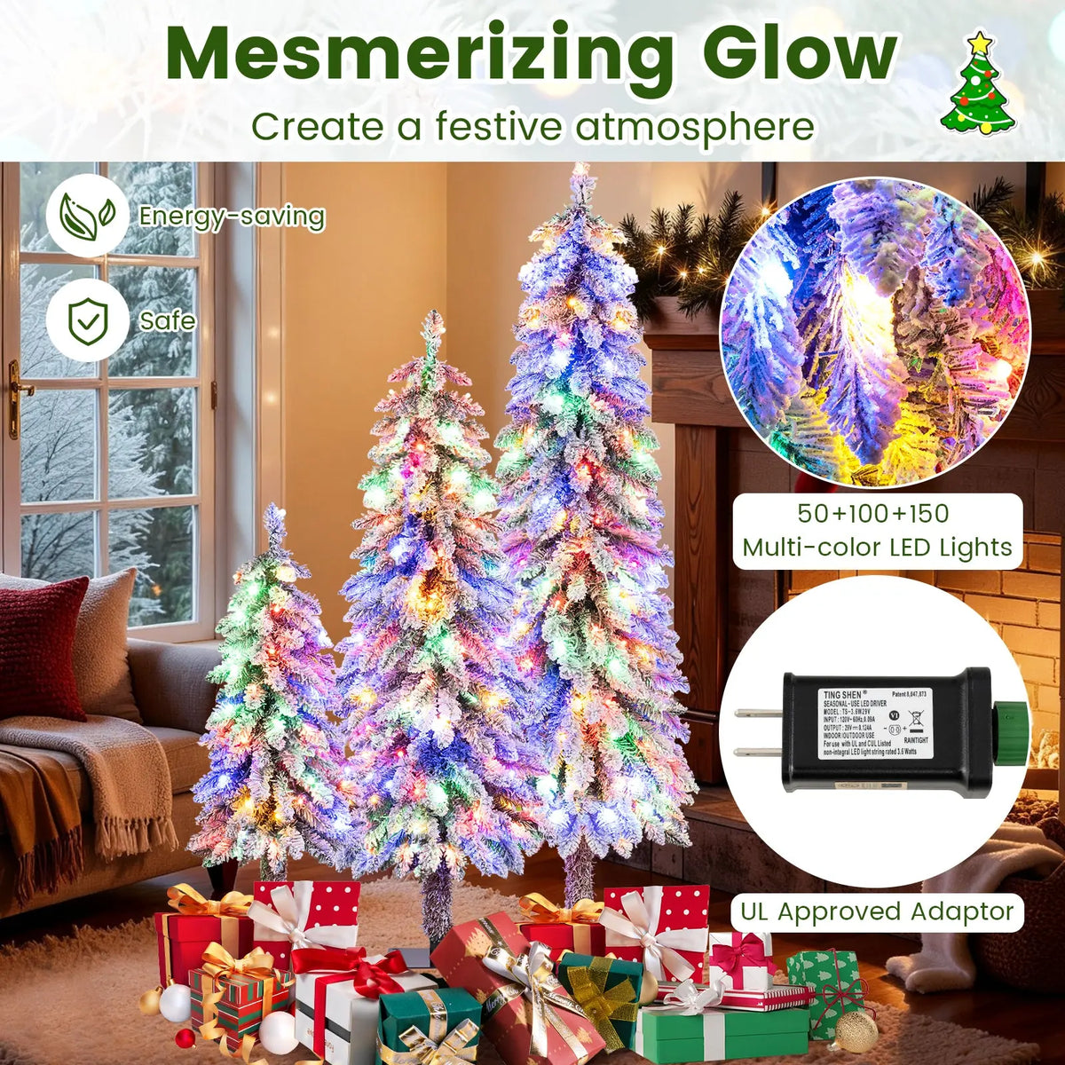 Artificial Christmas Tree Set of 3 with Snow-flocked Branch Tips