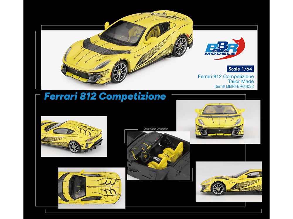 Ferrari 812 Competizione Matt Yellow with Graphics and Yellow Interior "Tailor Made" 1/64 Diecast Model Car by BBR Miniature Motors Default Title Default Title-