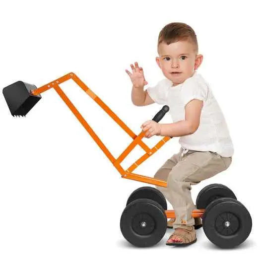 Kids ride-on sand digger excavator toy with orange bucket and black wheels