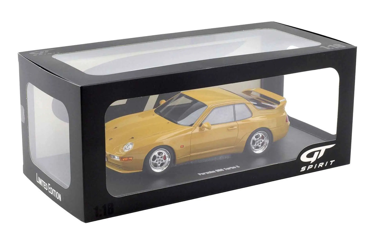 1:18 yellow Porsche 968 Turbo S model car in display box with GT Spirit logos