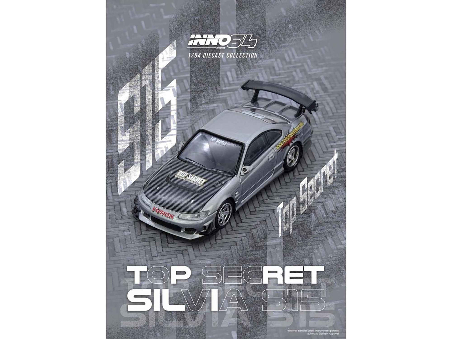 Nissan "Top Secret" Silvia (S15) RHD (Right Hand Drive) Silver Metallic with Carbon Hood 1/64 Diecast Model Car by Inno Models Miniature Motors Default Title Default Title-