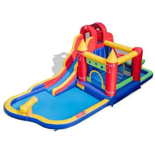 Inflatable bounce castle with water slide and splash pool, blue red yellow play area