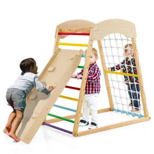 Wooden indoor jungle gym playground with double-sided ramp and climbing net, multicolor rails