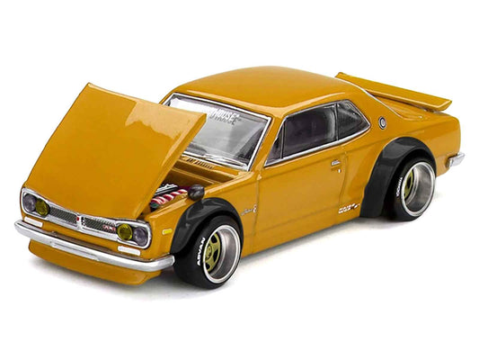 Yellow diecast model car with open hood and front fenders, three-quarter view