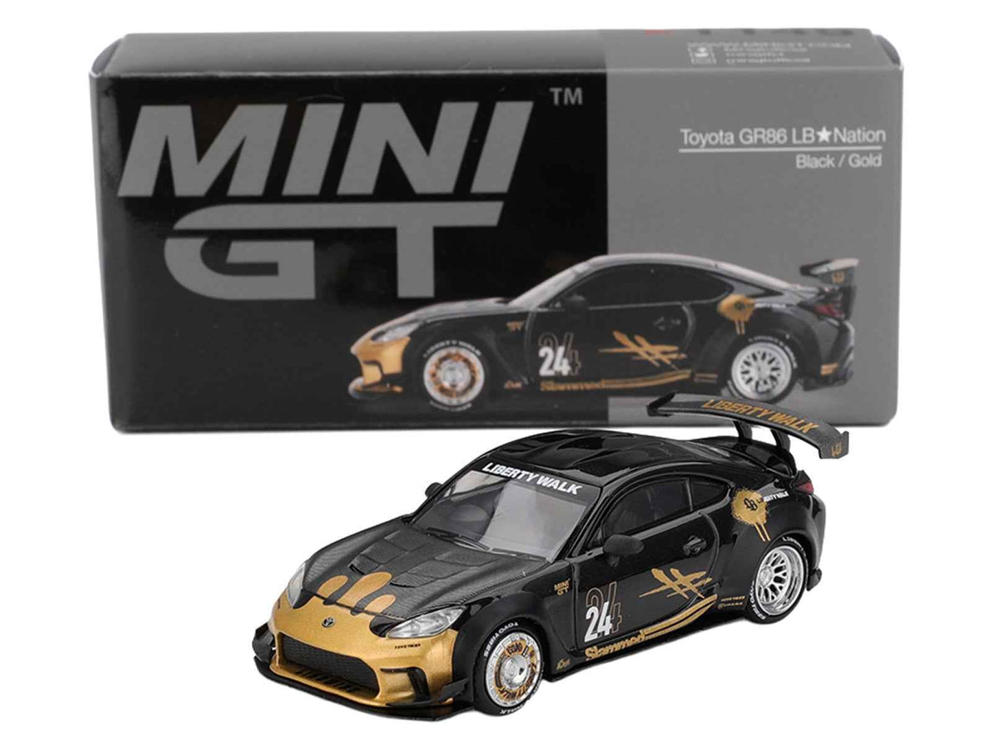 Toyota GR86 "LB-Nation - Liberty Walk" #24 Black with Carbon Hood and Gold Graphics Limited Edition 1/64 Diecast Model Car by Mini GT Miniature Motors Default Title Default Title-
