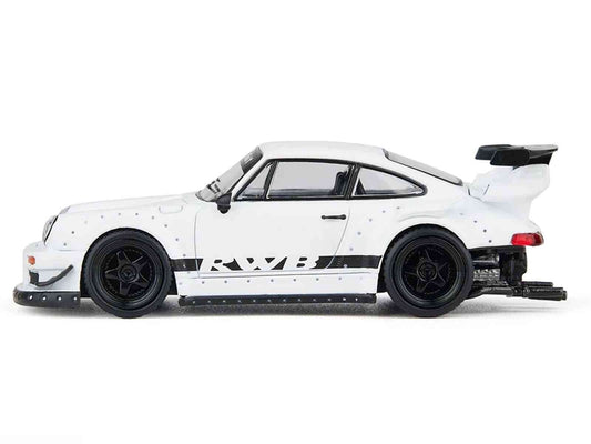 1/64 diecast model car, white with RWB graphic and black wheels, side view