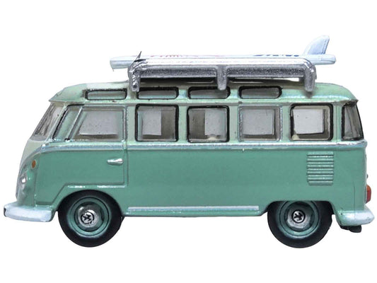 Green two-tone VW T1 Samba diecast bus with roof rack, front side view