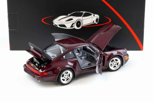 Norev 1:18 die-cast Porsche 911 Turbo, purple metallic, rear three-quarter with hood and door open