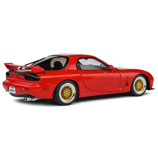 Red 1:18 Mazda RX-7 FD3 RS model car, rear three-quarter view, gold wheels