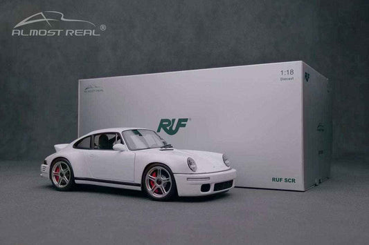 White RUF SCR coupe die-cast model car in box, 1:18 display with RUF SCR logo
