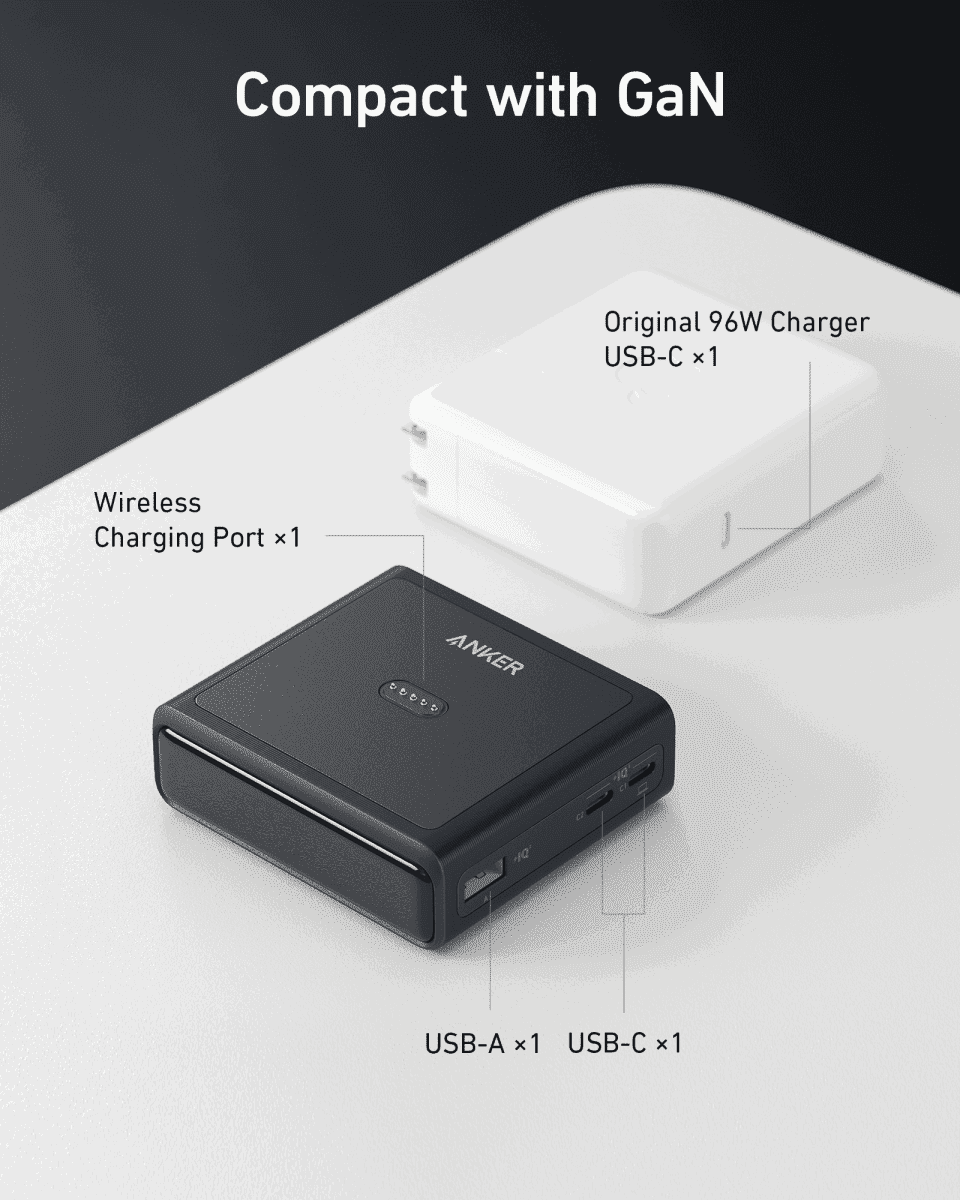 Anker 100W charging base with wireless charging port, black dock with side USB-C ports