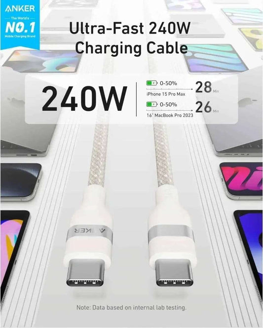 Anker USB-C to USB-C Cable (3 ft / 6 ft, 240W, Upcycled-Braided) Anker 3 ft / White 3 ft / Black 6 ft / White 3 ft / White-3 ft / Black-6 ft / White-6 ft / Black-6 ft / Ice Lake Blue-6 ft / Sprout Green-