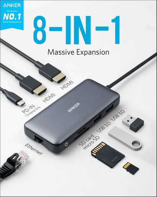 USB-C hub with connected adapters, HDMI, USB, SD card, and Ethernet ports shown
