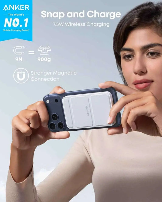Magnetic battery with foldable stand, dark blue case, charging surface