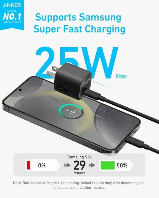 Black compact 25W USB-C charger connected to a smartphone