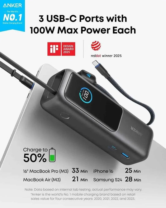 Anker Laptop Power Bank (25K, 165W, Built-In and Retractable Cables) Anker Space Black / Power Bank Space Black / Power Bank + Charger Space Black / Power Bank + 3ft Cable Space Black / Power Bank-Space Black / Power Bank + Charger-Space Black / Power Bank + 3ft Cable-Space Black / Power Bank + 6ft Cable-Space Black / Power Bank + Travel Adapter-Silver / Power Bank-Silver / Power Bank + Charger-Silver / Power Bank + 3ft Cable-Silver / Power Bank + 6ft Cable-Silver / Power Bank + Travel Adapter-