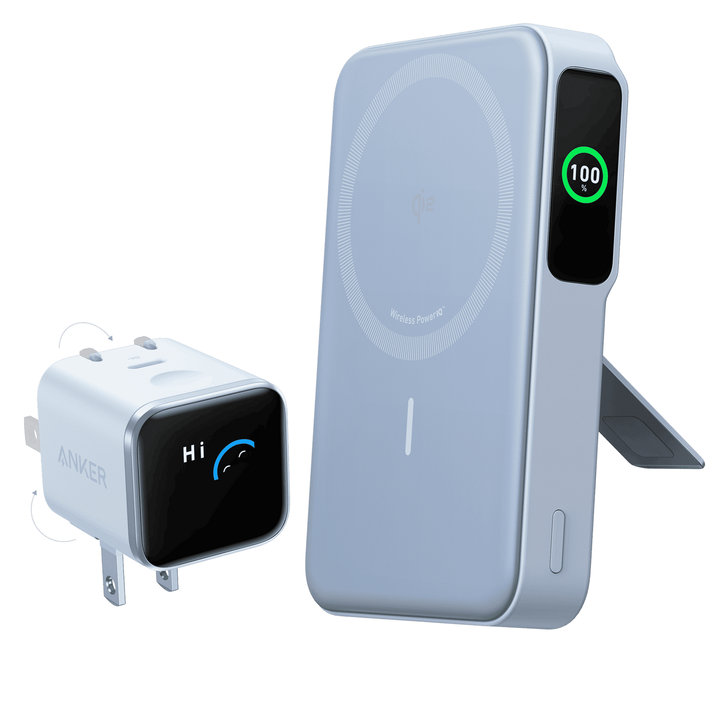 Light blue Anker MagGo power bank with 100 LED screen and wall plug adapter