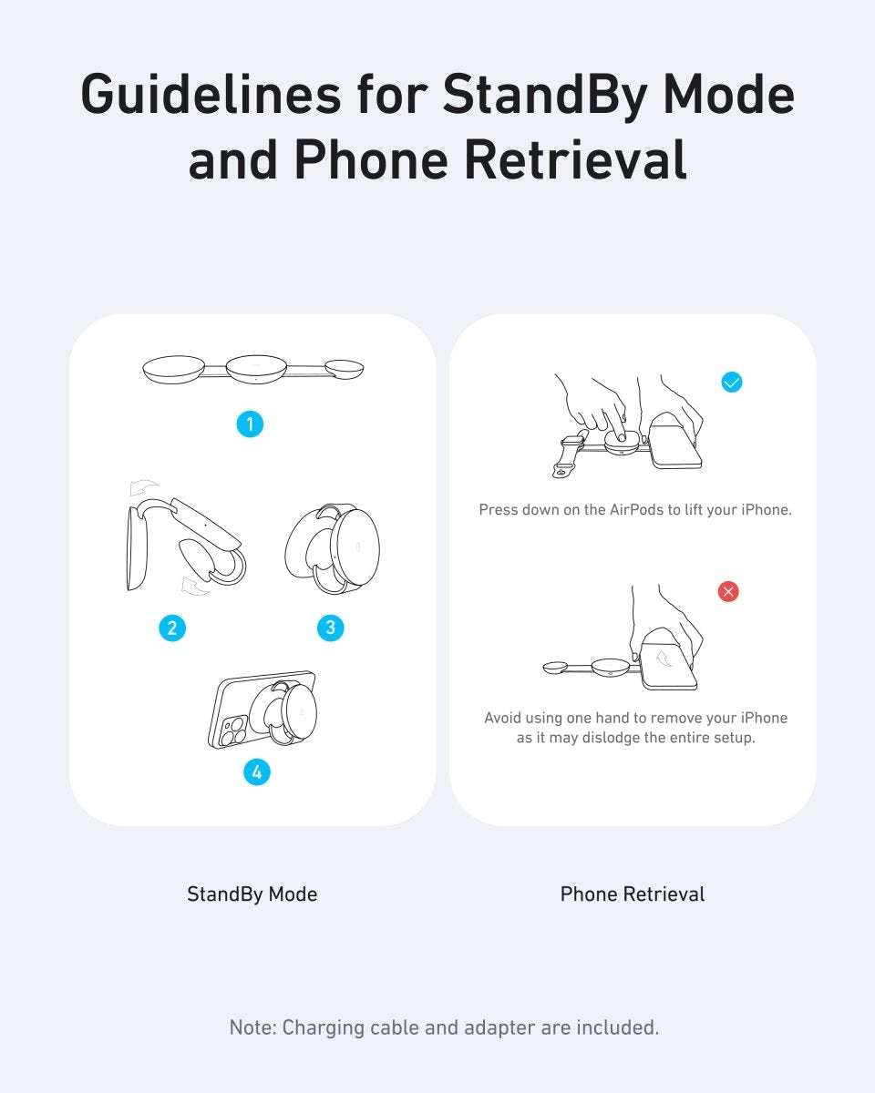 3-in-1 wireless charging station standby mode and phone retrieval usage diagram