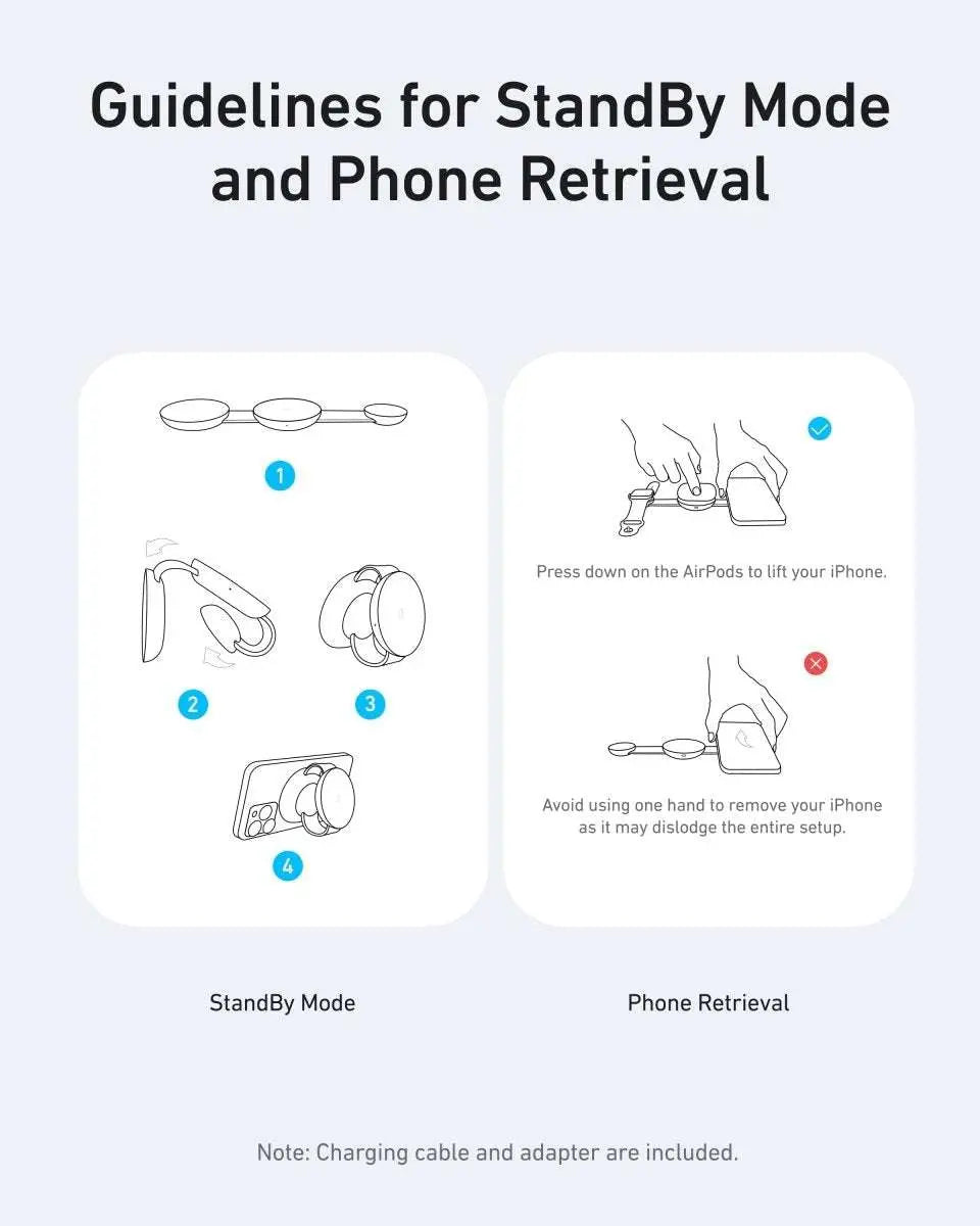 3-in-1 wireless charging station standby mode and phone retrieval usage diagram