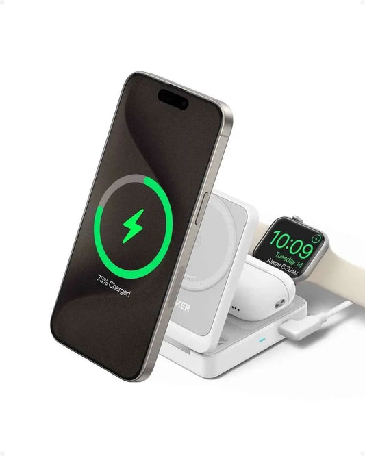 Foldable 3-in-1 wireless charging station in dark finish, with phone and watch charging