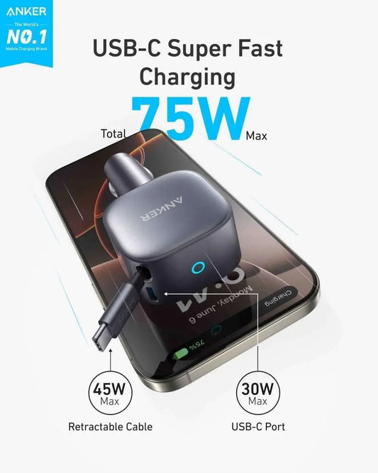 Anker USB-C car charger with dark gray body and retractable cable.