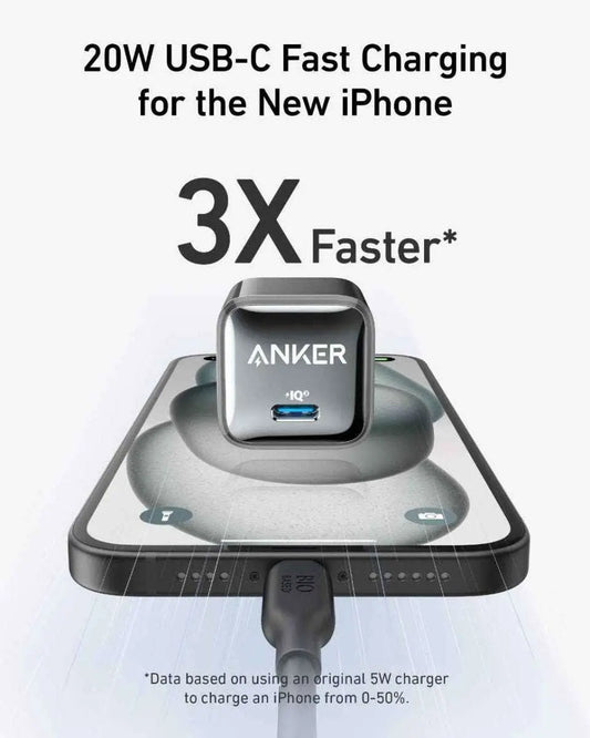 Anker 20W USB-C charger placed on a charging base with visible USB-C port