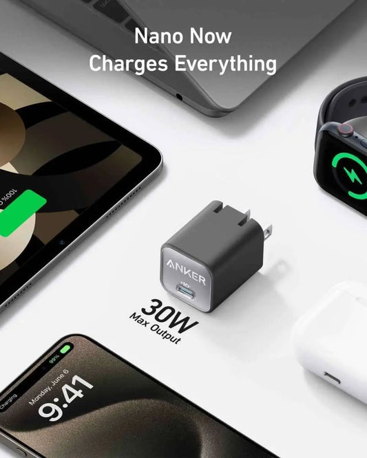 Anker Nano 30W charger with dual prongs and USB-C port, dark gray