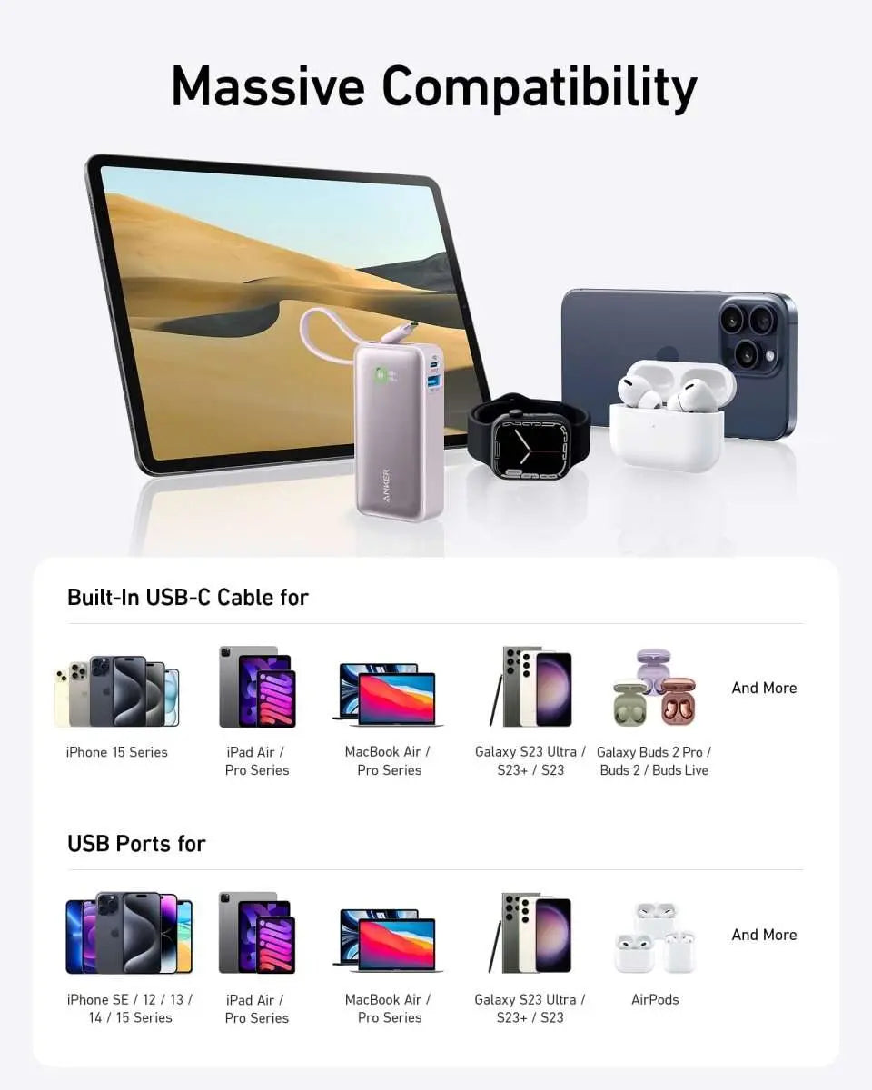 Light gray portable power bank with built-in USB-C cable shown with compatible devices.